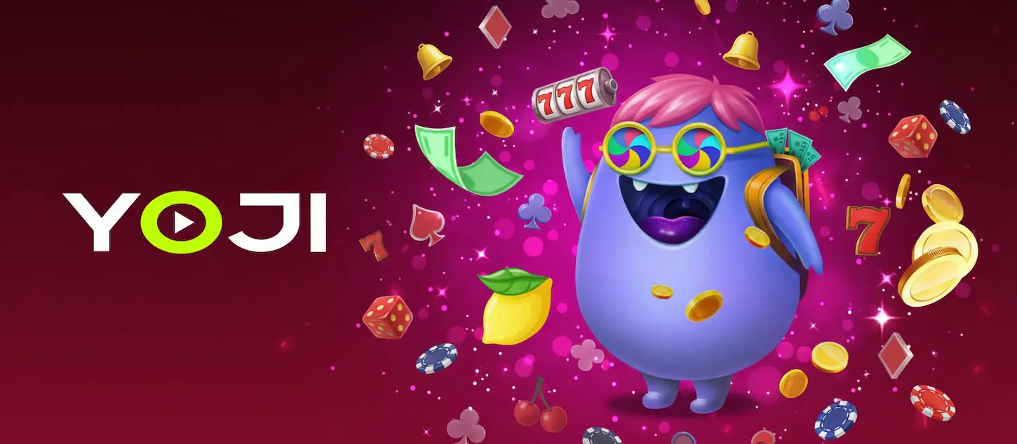 Yoji Casino - mascota albastră cu bani și simboluri de joc